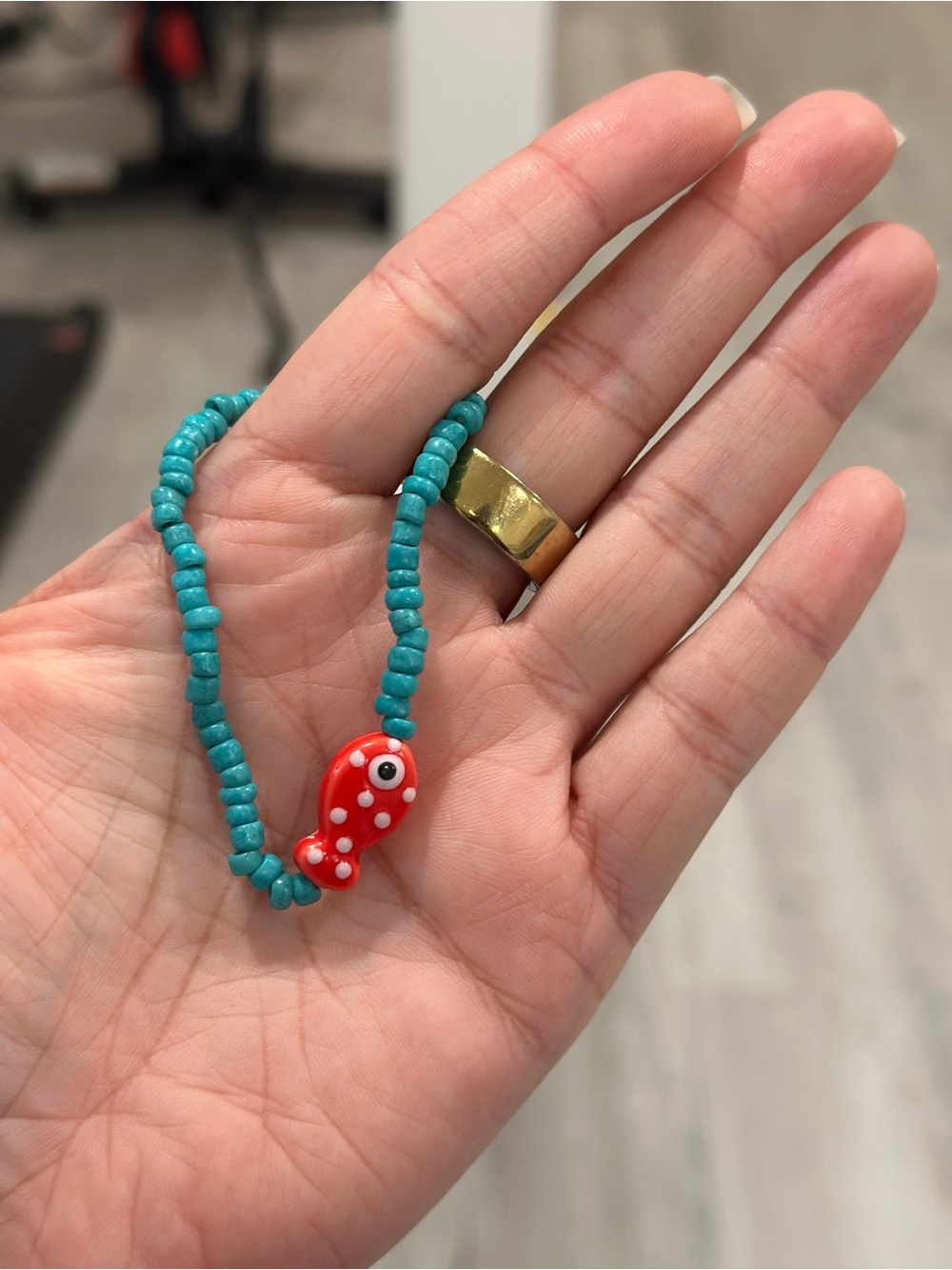 Turquoise Beaded Stretch Bracelet with Red Fish Charm - Colorful Summer Jewelry - Picture 2 of 2